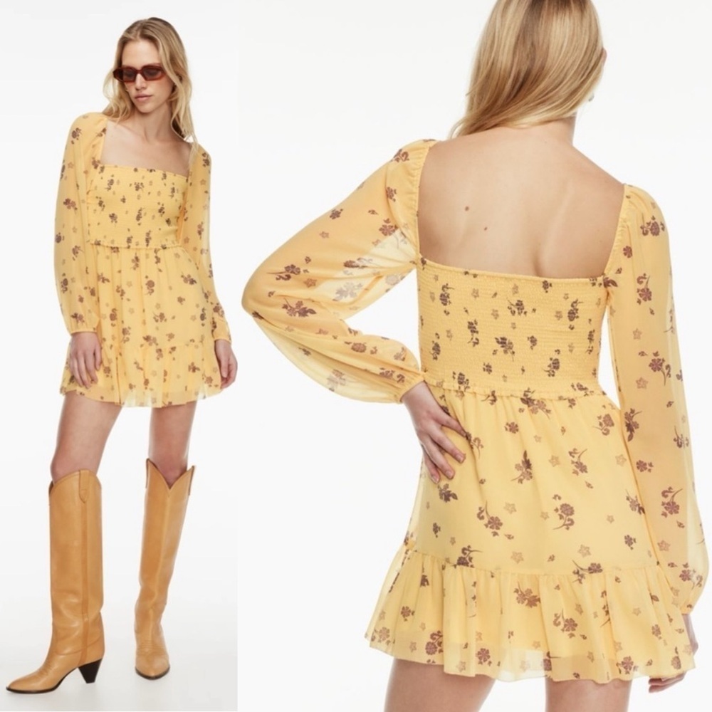 WILFRED Tempest Chiffon Prairie Ditsy Floral Ruffle Cottagecore Yellow Dress